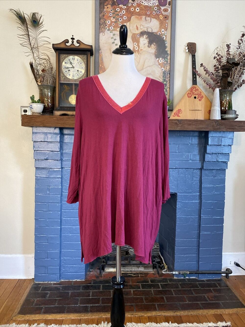 Ulla Popken 20/22 Shirt Top Plus Size 2X Sequin Stripe V Neck Rayon Magenta Pink